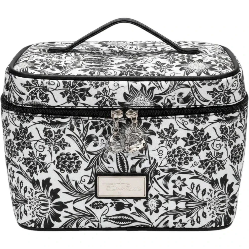 B.T. Rosso Cosmetic Case Women OS White Black Floral Heart Zipper Vanity Bag